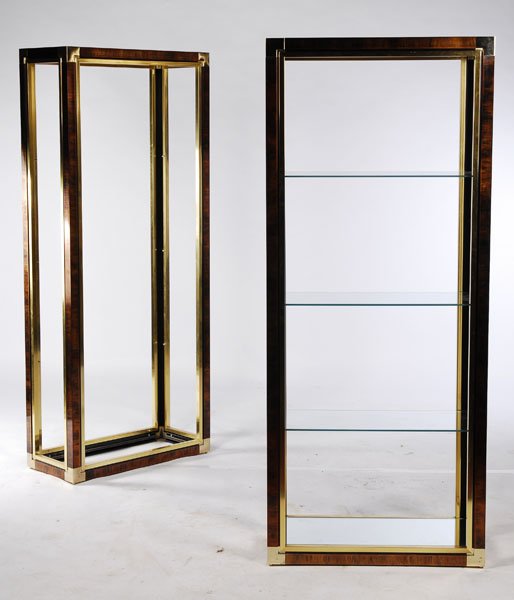 PR MASTERCRAFT BRASS FAUX TORTOISE SHELL ETEGERES: A pair of Mastercraft brass and faux tortoise shell etegeres having a streamlined rectangular form circa 1970. Both etegeres having a full complement of glass shelves. Ht: 72.5" Width: 30" Depth: 14"