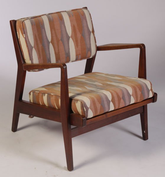 LABELED JENS RISOM OPEN ARM CHAIR UPHOLSTERED: A labeled Jens Risom open arm chair having upholstered back and seat circa 1960. Ht: 29.25" Width: 27.5" Depth: 28"