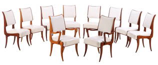 SET OF TEN MAHOGANY DINING CHAIRS C 1950 INCLUDING TWO ARM CHAIRS, ALL HAVING NEW FABRIC.