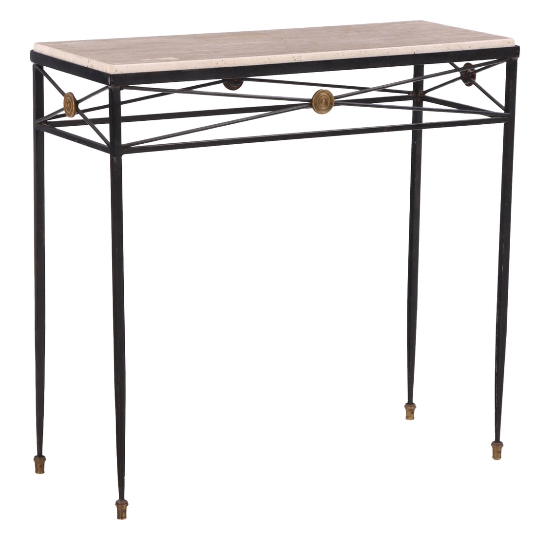 IRON AND BRONZE CONSOLE TABLE HAVING AN INSET TRAVERTINE TOP BY COMPTE C 1950. (1 of 6)