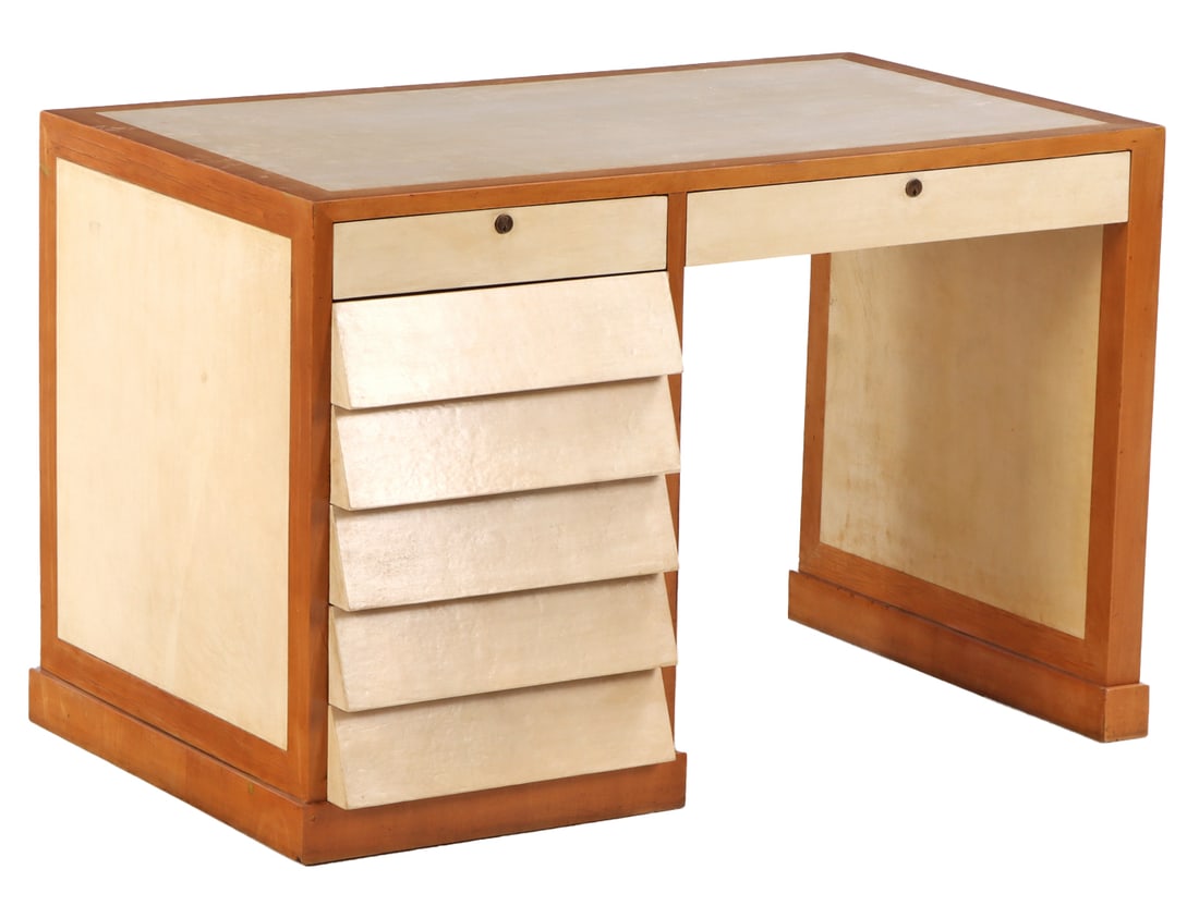 PARCHMENT COVERED SINGLE PEDESTAL DESK HAVING EXAGGERATED DRAWER PULLS C 1940. (1 of 7)