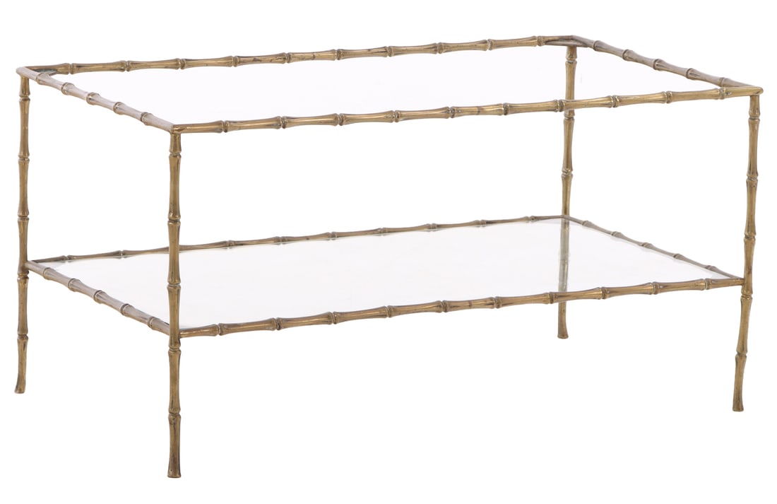 BRONZE FAUX BAMBOO AND GLASS COFFEE TABLE IN THE MANNER OF BAGUES C 1940.