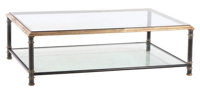 QUALITY STEEL AND BRASS TWO TIER COFFEE TABLE ATTRIBUTED TO JANSEN C 1960.: Quality steel and brass two tier coffee table attributed to Jansen C 1960. Ht: 15.5" Wd: 51.5" Dpth: 35.5"