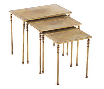 SET OF THREE FRENCH BRASS AND GOLD GLASS NESTING TABLES C 1950.: Set of three French brass and gold glass nesting tables C 1950. Medium table- 15.25" x 15.75" x 11" Small table- 14.25" x 12.25" x 11" Ht: 16.25" Wd: 19" Dpth: 11"