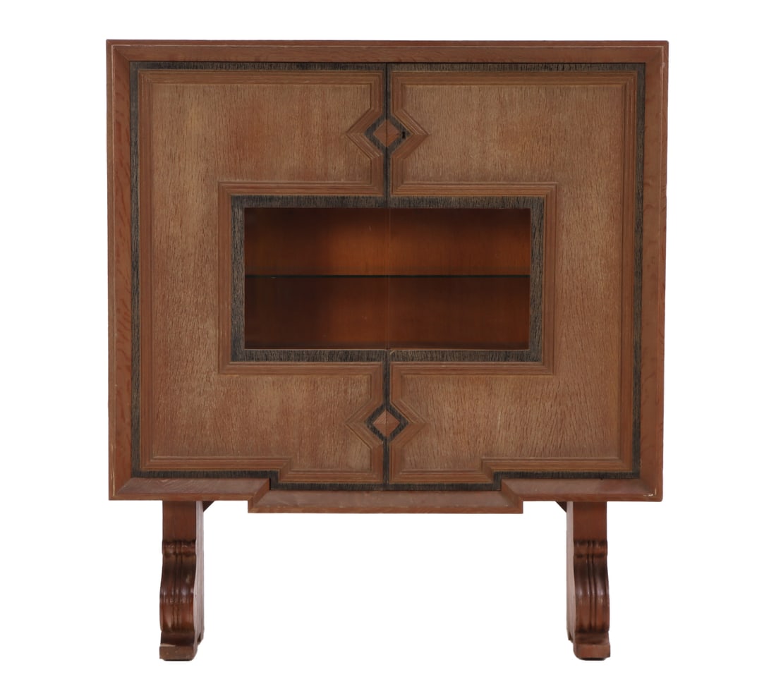 A FRENCH CERUSED OAK TWO DOOR BAR CABINET OPENING TO A GLASS SHELF AND TWO WOOD DOORS C 1940. (1 of 7)