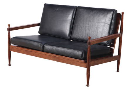 DANISH STYLE TWO SEAT SETTEE C 1950 HAVING NEW LEATHER CUSHIONS: Danish style two seat settee C 1950 having new leather cushions Ht: 28" Wd: 48.5" Dpth: 27" Seat: 15"