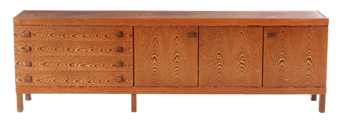 PALM WOOD SIDEBOARD HAVING THREE DOORS AND FOUR DRAWERS C 1970. (1 of 5)