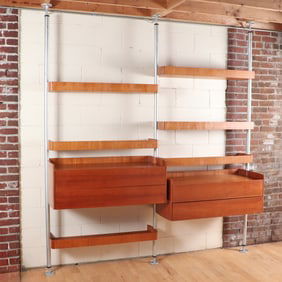 IRON AND WOOD WALL UNIT HAVING ADJUSTABLE SHELVES C 1960.