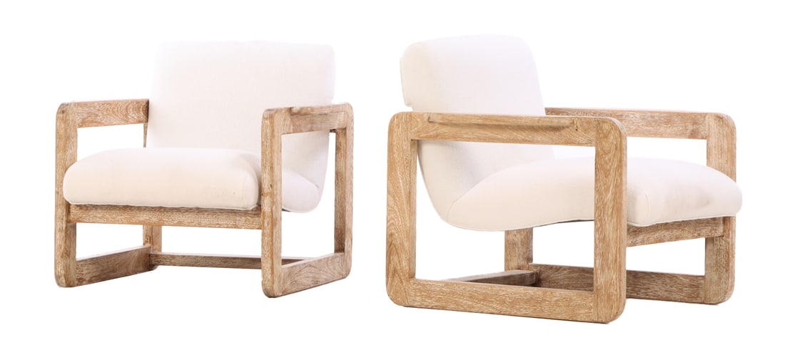 A PAIR OF CERUSED OAK LOUNGE CHAIRS HAVING NEW FABRIC C 1960.: A pair of cerused oak lounge chairs having new fabric C 1960. Ht: 28.5" Wd: 29.5" Dpth: 30" Seat: 16"