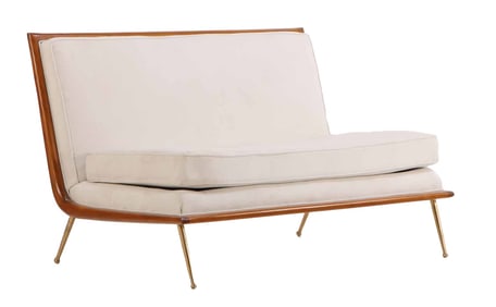 MAHOGANY UPHOLSTERED SETTEE IN THE MANNER OF ROBSJOHN-GIBBINGS