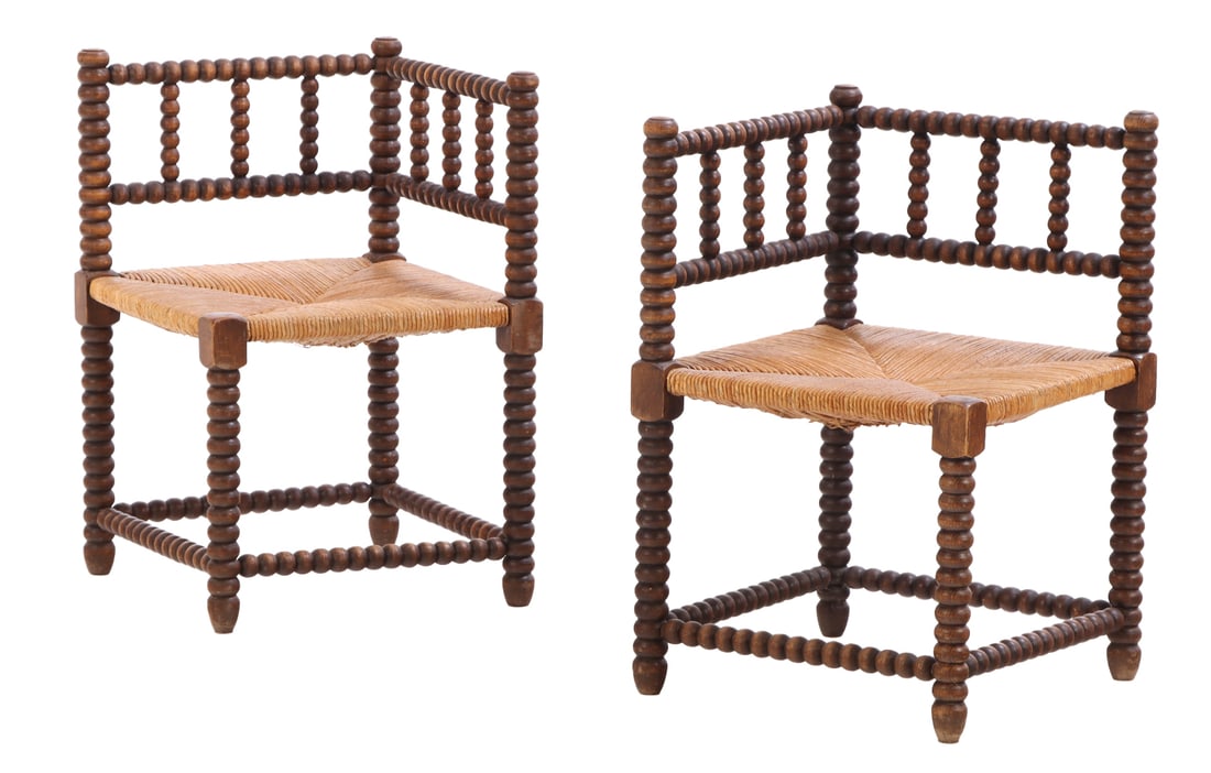 PAIR OF FRENCH SPOOL TURNED CORNER CHAIRS WITH RUSH SEATS C 1940. (1 of 6)