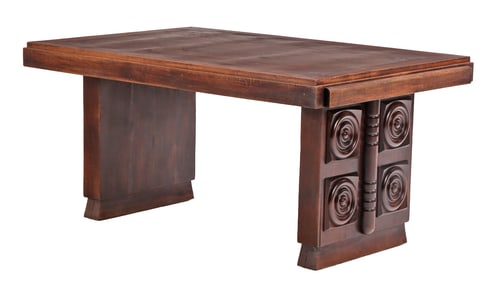 FRENCH OAK DINING TABLE HAVING TWO LEAVES AND CIRCULAR DESIGN IN THE MANNER OF CHARLES DUDOUYT C