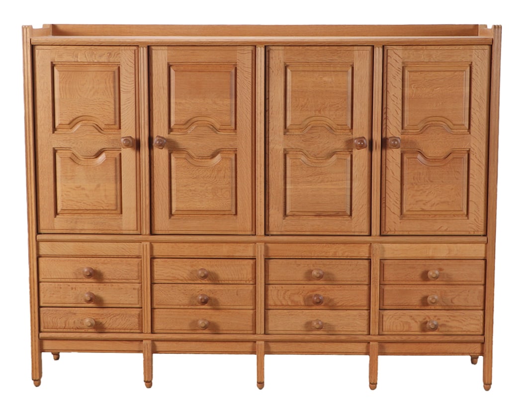 FRENCH FOUR DOOR OAK CABINET HAVING EIGHT DRAWERS C 1960 BY GUILLERME AND CHAMBRON. SIGNED ON (1 of 8)