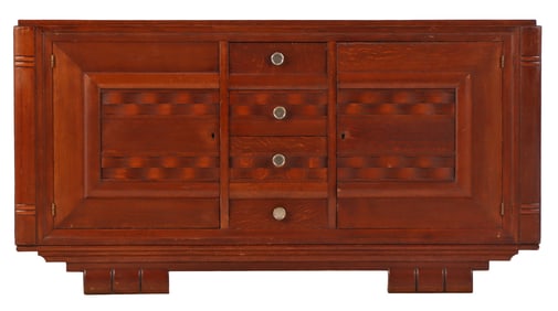 FRENCH OAK SIDEBOARD IN THE MANNER OF CHARLES DUDOUYT C 1940 HAVING A CENTRAL WAVE DESIGN
