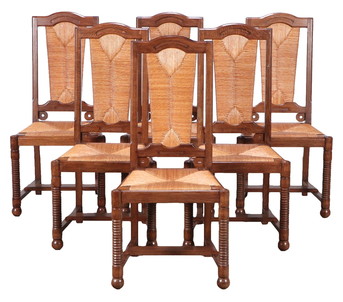 SIX FRENCH OAK DINING CHAIRS HAVING TURNED LEGS AND RUSH BACK AND SEATS IN THE MANNER OF CHARLES (1 of 7)