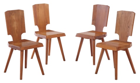 SET OF FOUR FRENCH OAK SIDE CHAIRS BY PIERRE CHAPO, MODEL S28 C 1972.