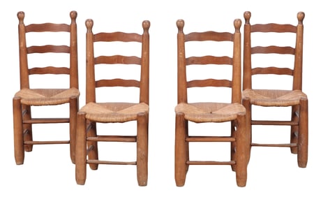 FOUR FRENCH LADDER BACK CHAIRS WITH BALL FORM FINIALS ATTRIBUTED TO CHARLES DUDOUYT C 1940.