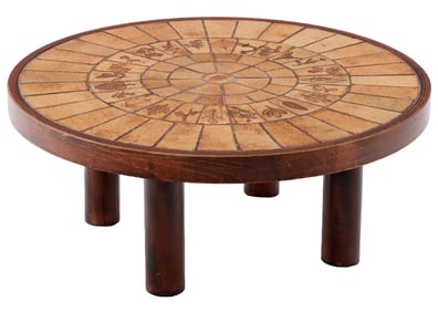 ROUND FRENCH WOOD AND TILE END TABLE BY ROGER CAPRON C 1965.