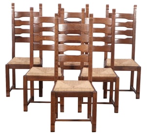 SIX FRENCH TALL BACK OAK AND RUSH BRUTALIST STYLE DINING CHAIRS C 1950.