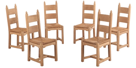 SIX FRENCH OAK AND RUSH BRUTALIST STYLE CHAIRS C 1960.