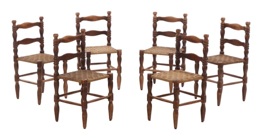 SIX FRENCH TURNED WOOD DINING CHAIRS WITH CORD SEATS C 1940 IN THE MANNER OF CHARLES DUDOUYT.