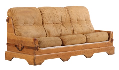 GOUGE CARVED FRENCH THREE SEAT SOFA WITH LOOSE CUSHION UPHOLSTERY AND IRON MOUNTS  C 1960.