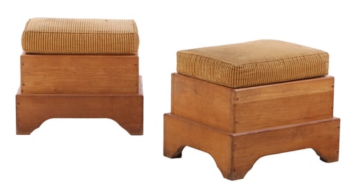 PAIR GOUGE CARVED FRENCH  RUSTIC FOOT  STOOLS WITH LOOSE CUSHION UPHOLSTERY C 1960.
