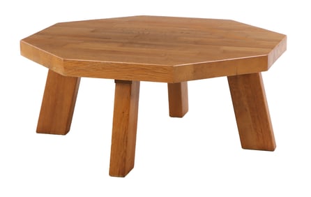 FRENCH OAK BRUTALIST STYLE OCTAGONAL COFFEE TABLE WITH SLAB TOP C 1960.