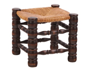 TURNED WOOD AND RUSH STOOL BY CHARLES DUDOUYT C 1940.
