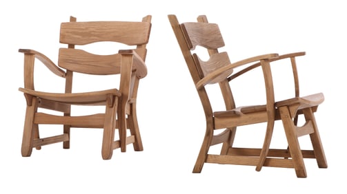 LARGE PAIR OF BRUTALIST STYLE BELGIAN OAK ARM CHAIRS C 1960.