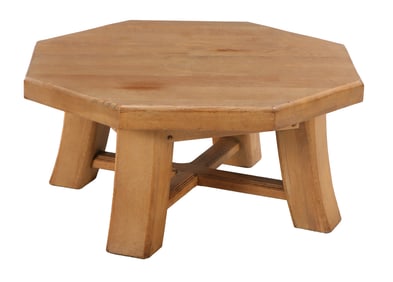 HEAVY FRENCH OAK BRUTALIST STYLE EIGHT SIDED COFFEE TABLE WITH SLAB TOP C 1960.