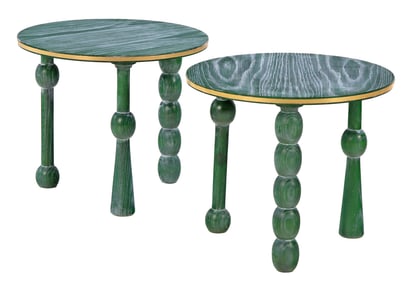 PAIR OF ROUND GREEN CERUSED OAK END TABLES IN THE MANNER OF CHARLES DUDOUYT.