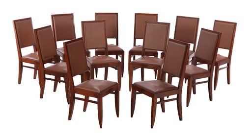TWELVE FRENCH OAK DINING CHAIRS IN THE MANNER OF CHARLES DUDOUYT C 1940.