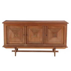 FRENCH THREE DOOR OAK SIDEBOARD WITH STRETCHER BASE C 1955.