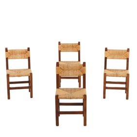 FOUR FRENCH DINING CHAIRS HAVING RUSH SEATS AND BACKS C 1960.