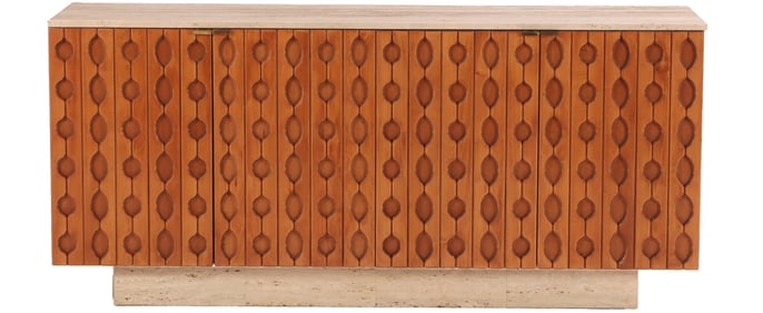 ITALIAN WOOD FOUR DOOR SIDEBOARD WITH REPEATING DESIGN AND A TRAVERTINE TOP AND BASE.