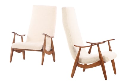PAIR OF DANISH STYLE OPEN ARM CHAIRS C 1950 HAVING NEW BOUCLE FABRIC.