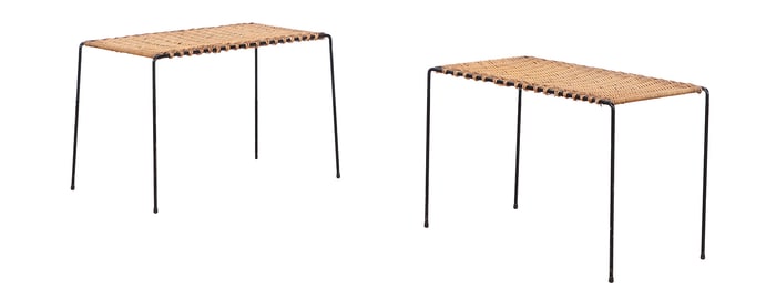 A PAIR OF FRENCH IRON AND RATTAN TABLES ATTRIBUTED TO RAOUL GUYS C 1950