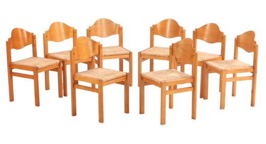 EIGHT RUSH SEAT DINING CHAIRS HAVING BENTWOOD BACKS C 1965.