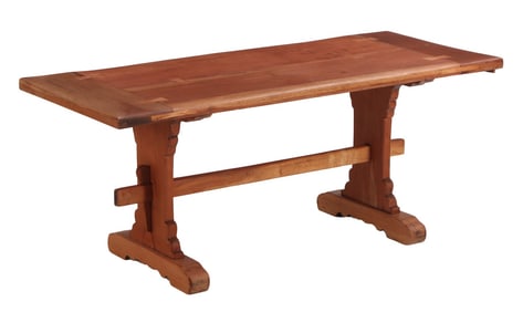 WALNUT TRESTLE TABLE HAVING MORTISE AND TENON CONSTRUCTION AND INLAID "BUTTERFLIES" C 1950.