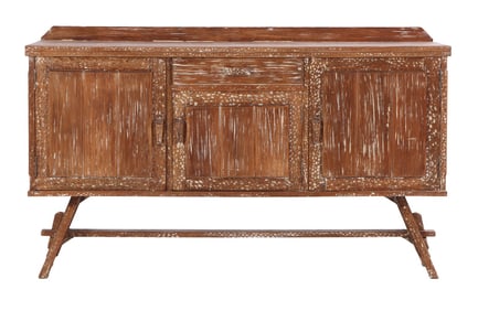 RUSTIC CERUSED OAK GOUGE CARVED SIDEBOARD HAVING THREE DOORS AND A DRAWER RESTING ON A MORTIS AND