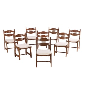EIGHT FRENCH OAK DINING CHAIRS C 1960 WITH NEW BOUCLE FABRIC.