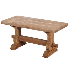 SUBSTANTIAL FRENCH OAK BENCH OR COFFEE TABLE WITH MORTIS AND TENON CONSTRUCTION C 1945.