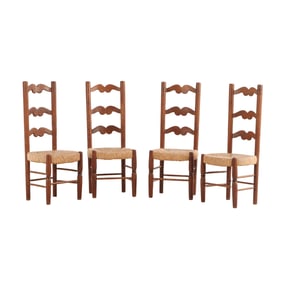 FOUR OAK TALL BACK CHAIRS WITH RUSH SEATS C 1950.