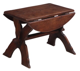 FRENCH BRUTALIST STYLE RUSTIC OAK X FORM DROP LEAF END TABLE WITH MORTIS AND TENON CONSTRUCTION C