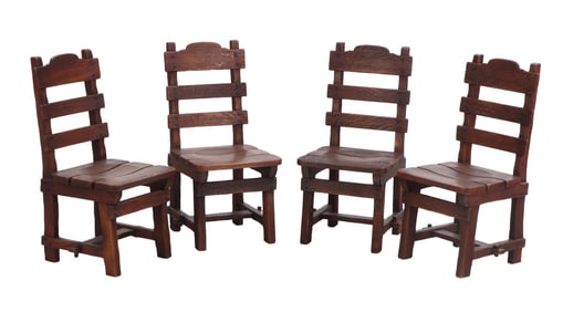 FOUR FRENCH  HEAVY OAK RUSTIC CHAIRS IN THE BRUTALIST STYLE WITH MORTIS AND TENON CONSTRUCTION