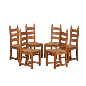 SIX SUBSTANTIAL FRENCH OAK RUSH SEAT LADDER BACK DINING CHAIRS HAVING PEGGED CONSTRUCTION C 1940