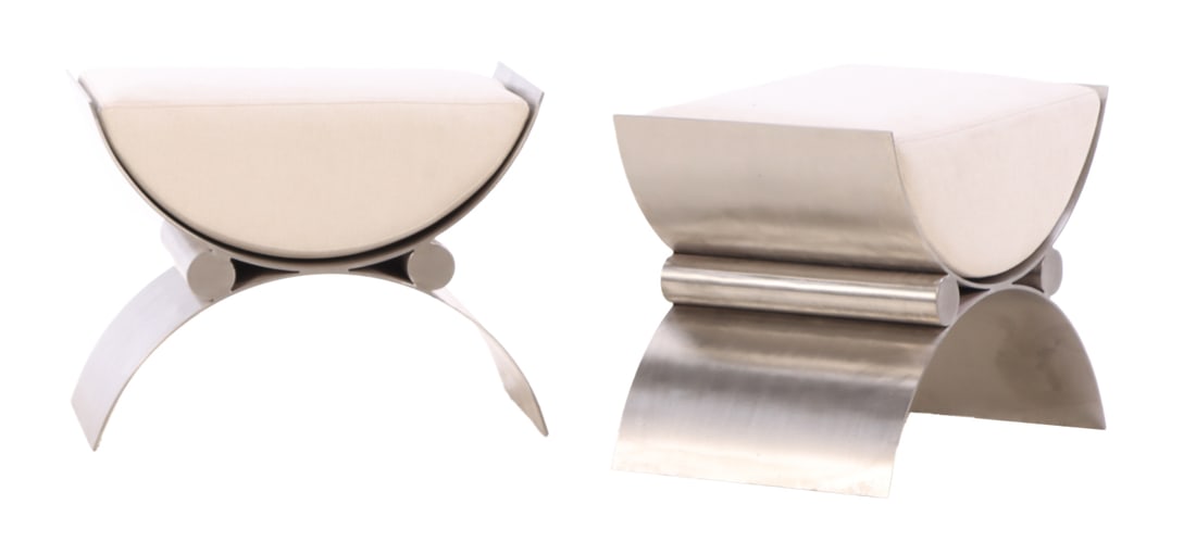 PAIR STAINLESS STEEL BENCHES WITH LOOSE CUSHION UPHOLSTERY IN THE MANNER OF KARL SPRINGER.