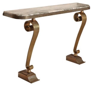 BRONZE ART DECO CONSOLE TABLE HAVING A MARBLE TOP C 1940.