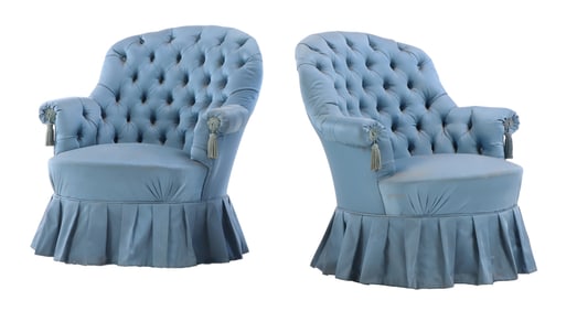 PAIR OF FRENCH BLUE BUTTON BACK BOUDOIR CHAIRS WITH SKIRT C 1950.